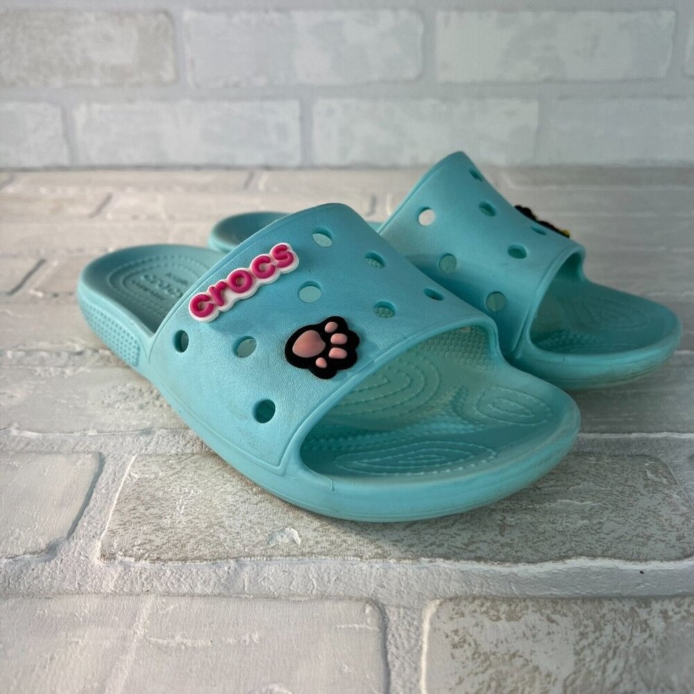 Crocs Classic Men 5 Women 7 Blue Green Strap Slide Unisex Iconic Sandals‎ Charms